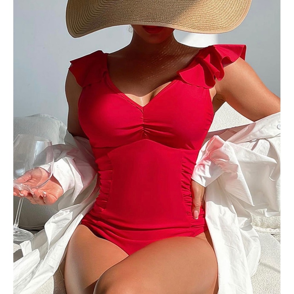 Women's Ruffled One Piece Swimsuit Tummy Control Bathing Suits Swimwear Red 2X